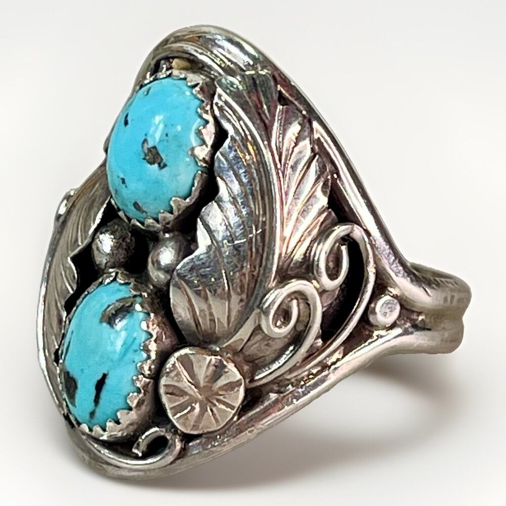 Men’s Signed NAVAJO Sterling Silver Kingman Turquoise 2 Stone Ring Sz 11.5 NEW